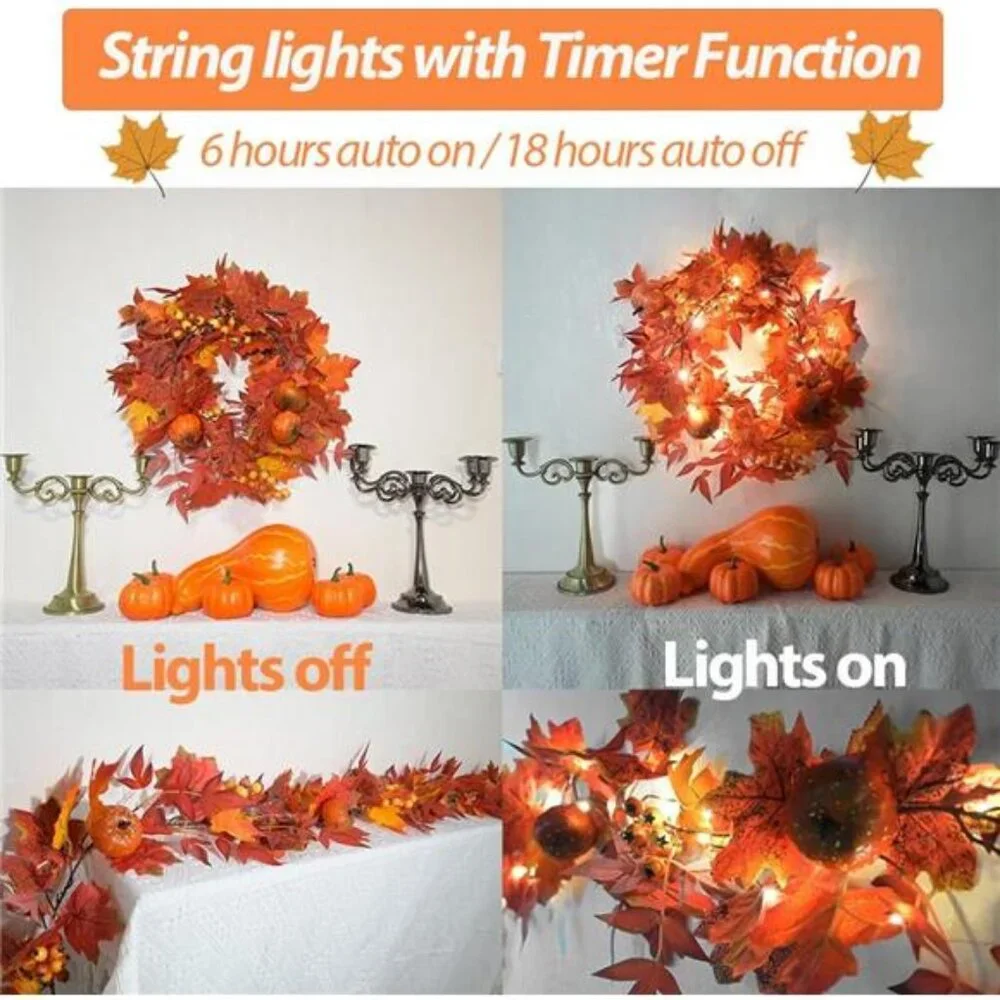 Fall Garland with Lights Timer 6.2FT Autumn Garlands Maple Leaves Pumpkin Berry